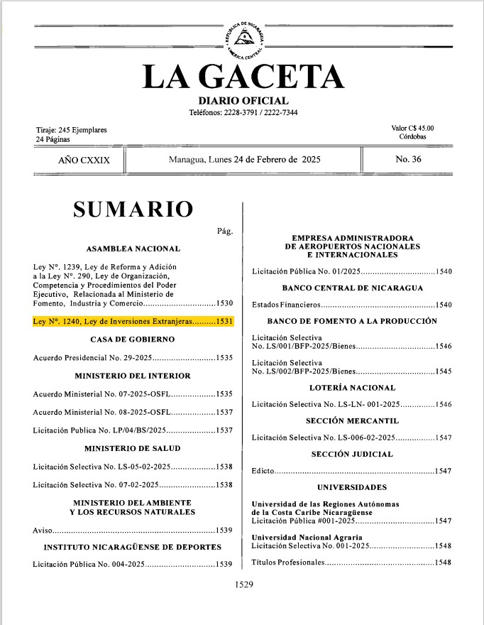 Ley No. 1240, Ley de Inversiones Extranjeras
